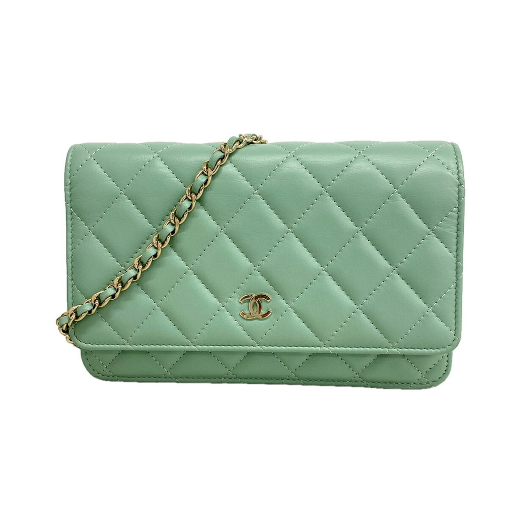 Chanel Matelassé Chain Shoulder Wallet, Lambskin, Light Green/Champagne, Women's